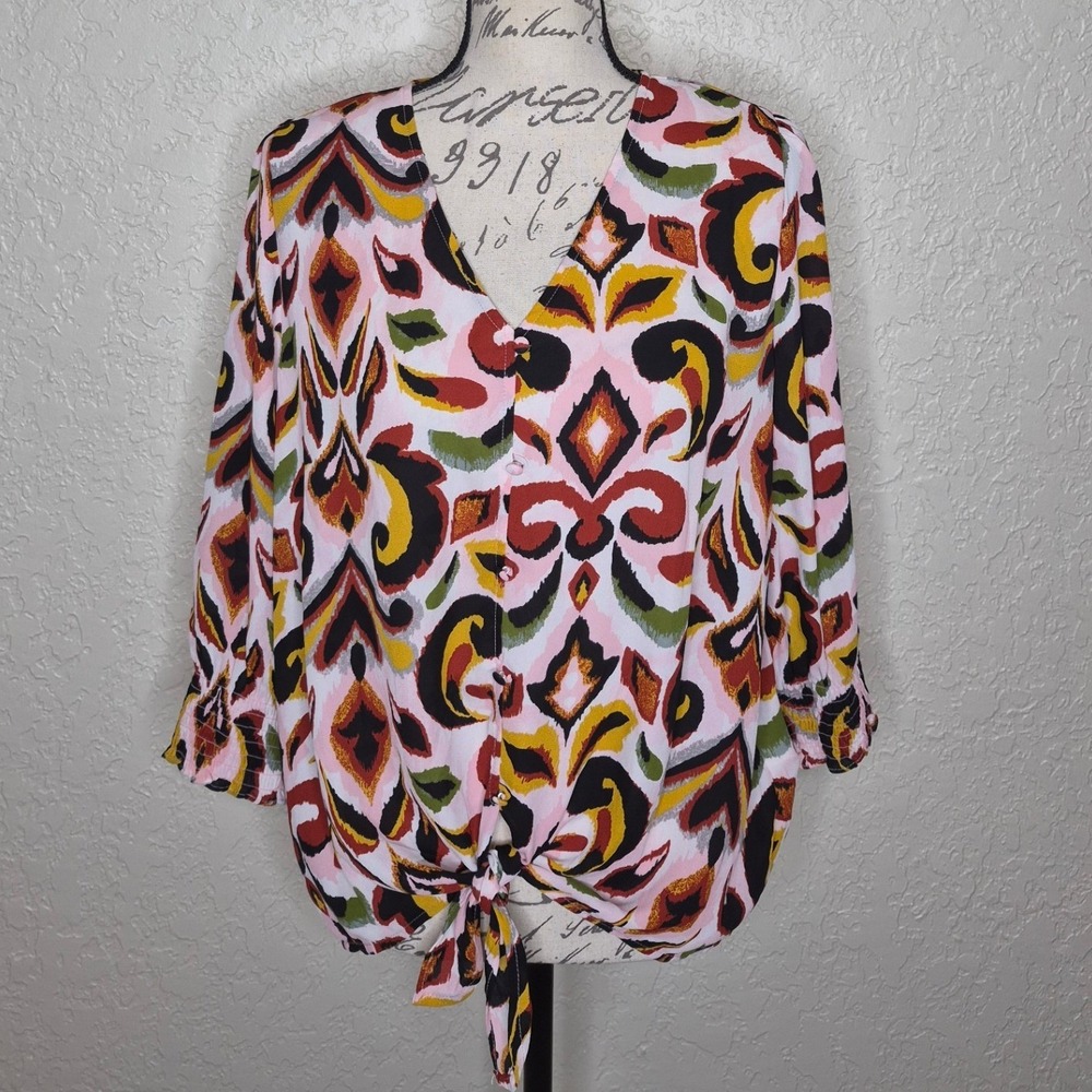 Hope & Harlow Pink Multicolor Abstract Print Tie Front Blouse Large 3/4 Sleeve